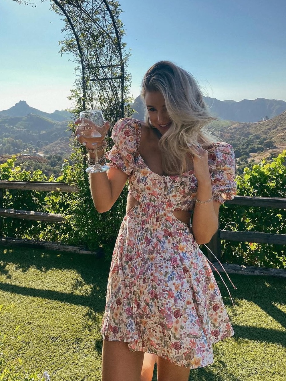 For Love & Lemons Pink Floral Puff-Sleeve Mini Dress